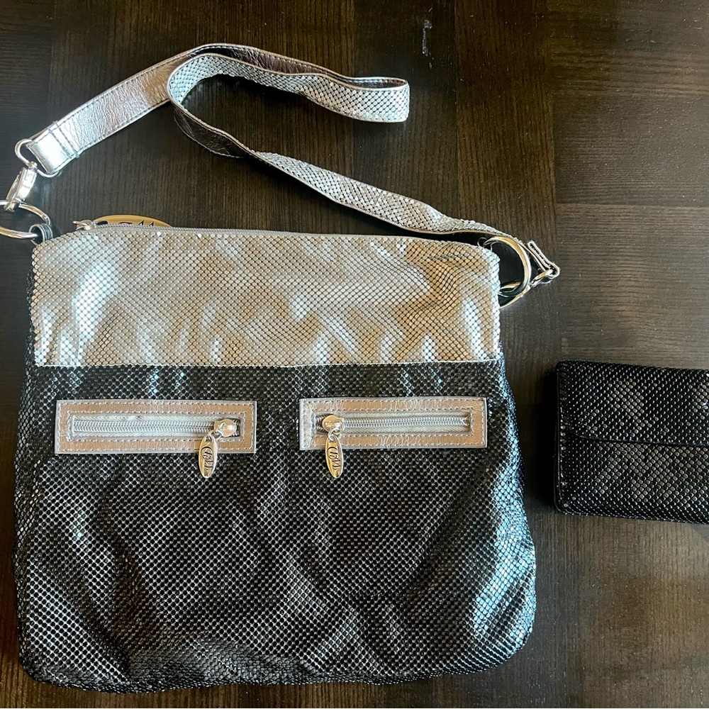 WD by Whiting & Davis Black & Silver Mesh Crossbody Bag + Wallet Set